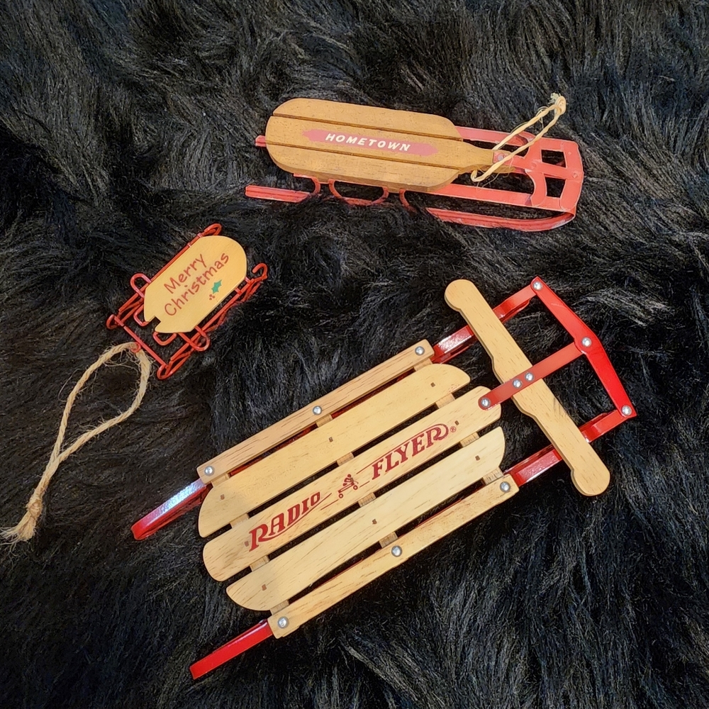 Set of 3 Vintage Wooden & Metal Sleigh Ornaments